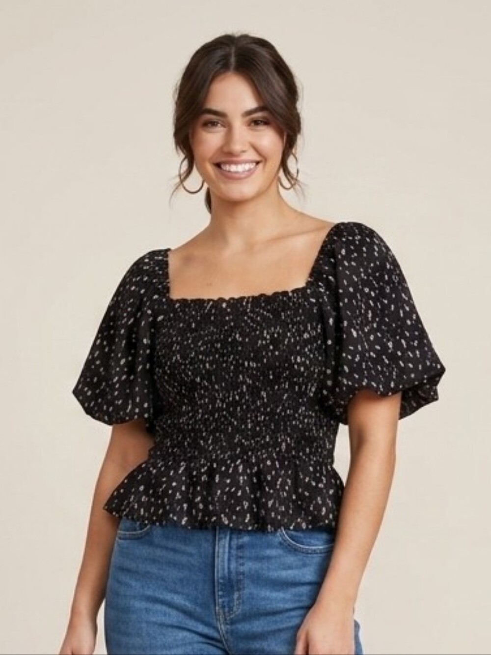 mittoshop Black Speckle Smocked Square-Neck Puff Sleeve Top